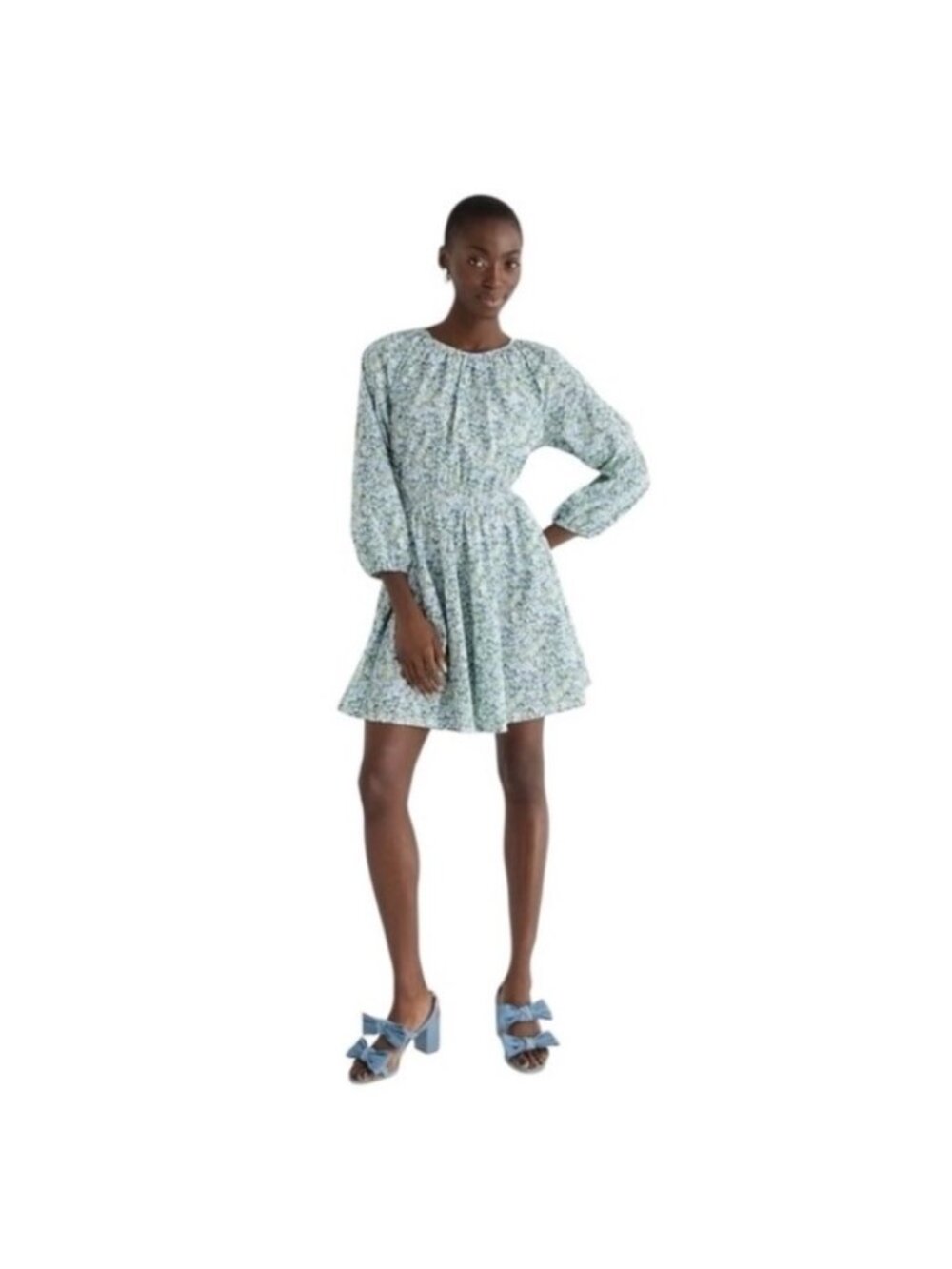 J.Crew X Liberty Floral Smocked Waist Cotton Mini Dress S Blue/Green long sleeve
